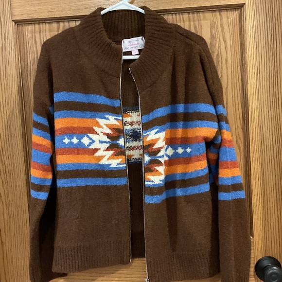 Panhandle Southwestern Brown & Blue Patterned Full Zip Sweater. Size Large - Picture 4 of 8